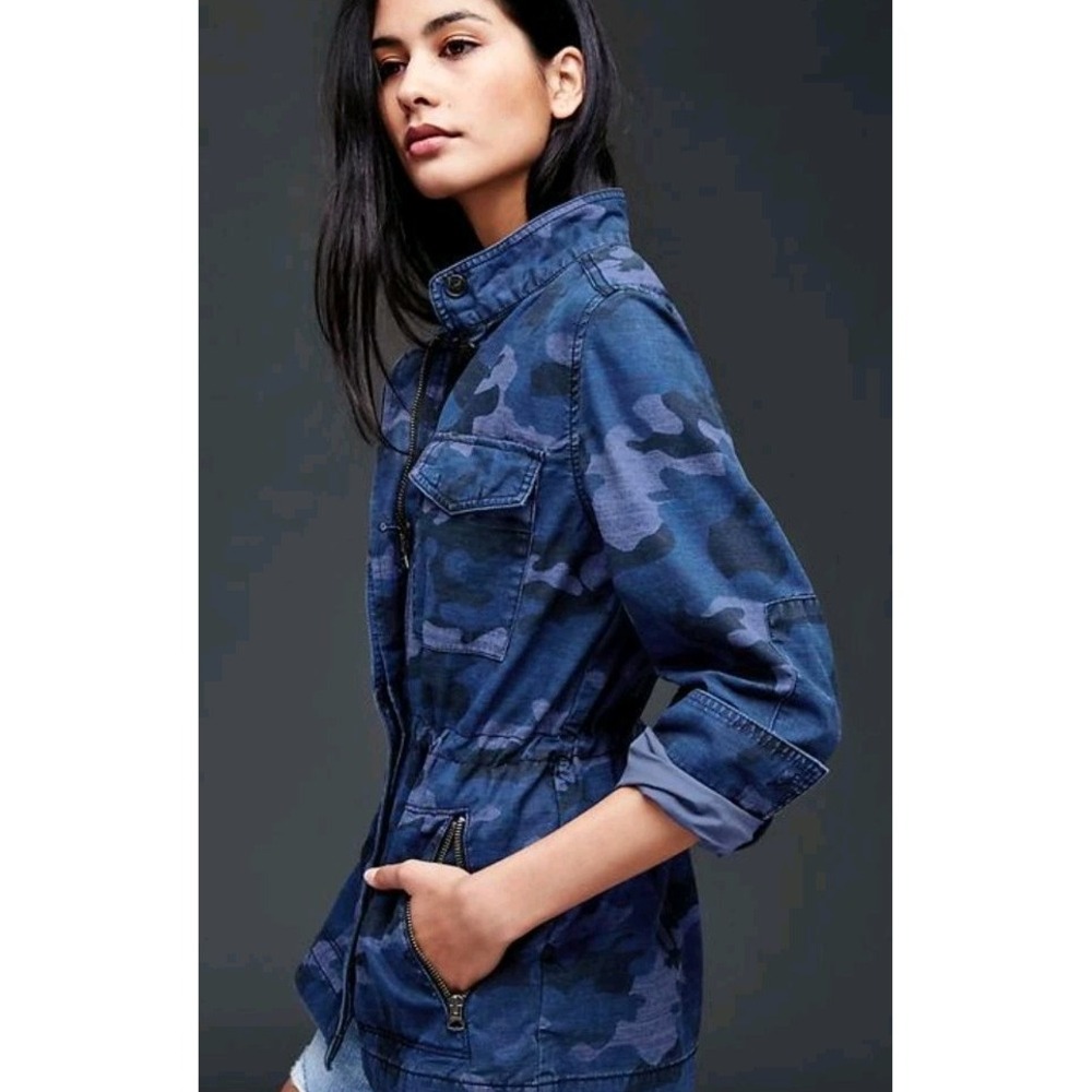 GAP Blue Camo Utility Jacket Women's Small Military Full Zip Cotton Mid Length